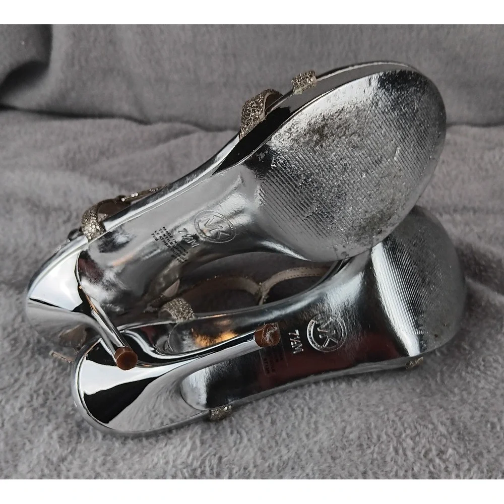 MICHAEL KORS Silver Glitter‎ Platform Stiletto Heels Sandals Women's Size 7.5M